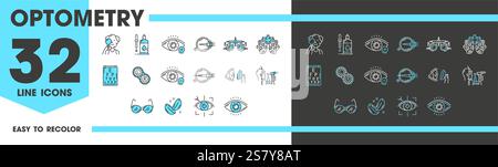 Optometry line icons of vector eyes, glasses and lens, optometrist vision test and eye exam. Outline laser surgery, optic drops, phoropter, sight char Stock Vector