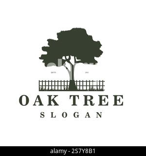 Oak Tree Silhouette Logo with Wooden Fence Logo is suitable for Brands that prioritize Tradition, Nature, and Resilience Values. Stock Vector