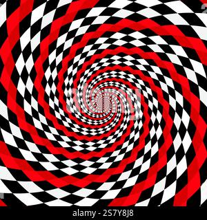 Speed racing checkered flag, spiral hypnotic swirl background, optical illusion movement, vector illustration opt art style, abstract geometric, psych Stock Vector