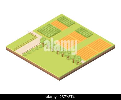 Isometric block with layers of earth. Farm landscape with crops, trees, and open green areas. Great for agricultural designs, eco-living illustrations Stock Vector