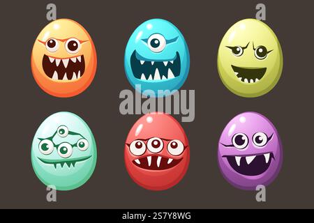 Easter monsters eggs with cute faces, big teeth and eyes. Colorful elliptical character illustration. Blue, red, cyan, green, yellow and purple guys. Stock Vector