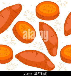 Seamless pattern. Sweet potato, whole and slice. Perfect for nutrition blogs, healthy lifestyle content, and culinary menu. Vector illustration. Stock Vector