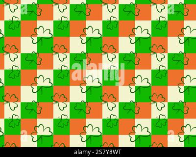 Irish tricolour checkered seamless pattern. Tree leaves clover line traditional symbol of good luck, fortune. St. Patricks spring Celtic culture Stock Vector