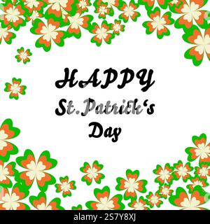 Irish four-leaf clover symbol, tricolour concept greeting card. Traditional flag colours . St. Patricks spring Celtic culture celebration. Square Stock Vector