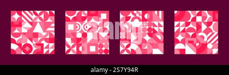 Valentines day geometric shape tile patterns in shades of pink, white and red, featuring mix of shapes like circles, triangles, squares and lines on a Stock Vector