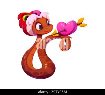 Cartoon asian snake with love feelings and hearts, valentine day character. Vector cute serpent, reptile personage holding pink heart pierced with an Stock Vector
