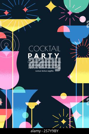 Vertical black banner, poster with colorful cocktails and fireworks. Vector illustration. Abstract geometric night party design. Alcoholic, non-alcoho Stock Vector