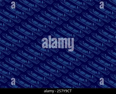 Blue pattern of ships is shown in a computerized image. The ships are all different sizes and shapes, but they all have the same blue color scheme Stock Vector