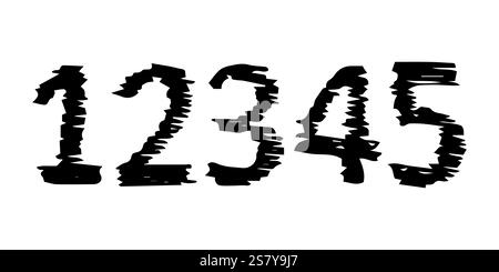 Hand Drawn Numbers 12345. Uppercase modern font and typeface. Black symbols on white background. Vector illustration. Stock Vector