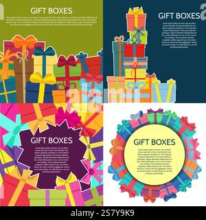 Set of four backgrounds with a colorful gift boxes. Vector illustration. Stock Vector