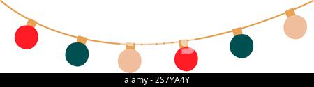 Christmas lights garland with colored circle bulbs. Xmas festive string decoration with hanging retro ball. Glowing string with lamps for holiday card Stock Vector