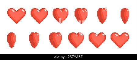 Pixel heart animation. Retro 8 bit game sprite with life bonus and red ...