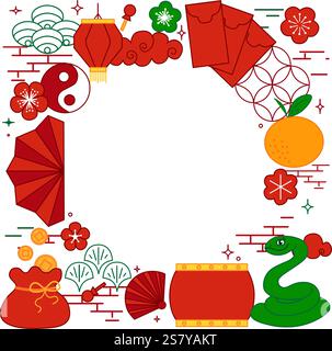 New Year background material, Graphic line vector circle round frame for the Year of the green Snake. Chinese new year, lantern festival Stock Vector
