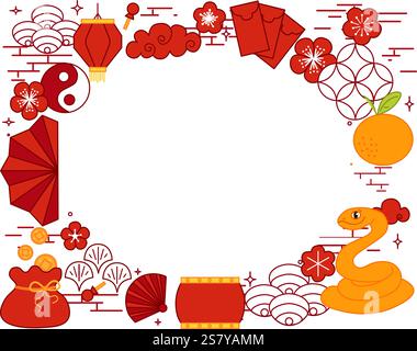 Chinese New Year or Lantern Festival of snake greeting card template oval frame with lanterns and plum elements. Vector graphic line illustration Stock Vector