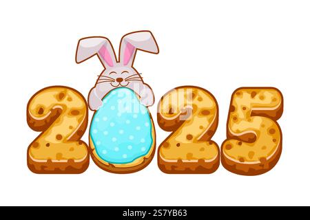 Gingerbread cookie numerals 2025 and bunny for your greeting card, stickers, invitations and many other designs. Sweet biscuit number and rabbit Stock Vector