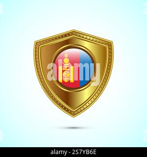 Rounded flag of Mongolia with glossy gold shield Stock Vector