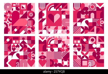 Valentine day tile background with pink geometric shapes, vector banners or posters. Valentine day modern patterns with abstract geometric hearts mosa Stock Vector