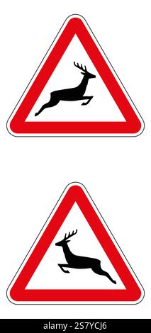 Red and white triangular road sign warning drivers about leaping deer crossing the road. Stock Vector