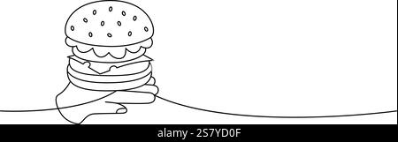 Burger hold on human hand one line continuous drawing. Traditional American fast food. Vector illustration. Stock Vector
