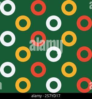 Seamless geometric vector pattern with circular polka dots in festive colors. Red, white, and yellow rings on a green background, modern retro design Stock Vector