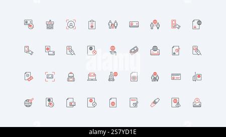 Immigration, work permit, visa approval process and status line icon set. Legal documents for family in foreign country travel, students study thin black and red outline symbols vector illustration Stock Vector