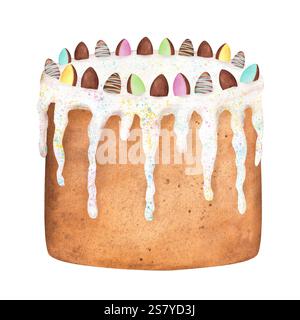 An iced Easter cake decorated with egg-shaped chocolate and candies. Happy Easter clipart. Hand-drawn watercolor illustration Stock Photo