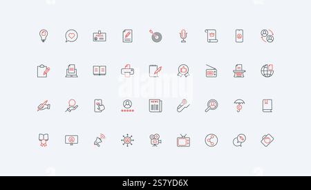 TV news, mass media publication and article in newspaper line icon set. Authors pen to write story and essay, microphone for video blog content thin black and red outline symbols vector illustration Stock Vector
