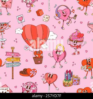 Cartoon groovy Valentine characters seamless pattern with hearts, vector background. Valentine day love holiday pattern of groovy funny heart and wedd Stock Vector