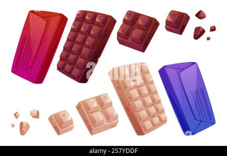 Chocolate bar collection in various sizes - dark and milk cocoa variations, wrapped, open full and broken pieces. Sweet treats displayed with segmented squares for confectionery packaging or culinary. Stock Vector