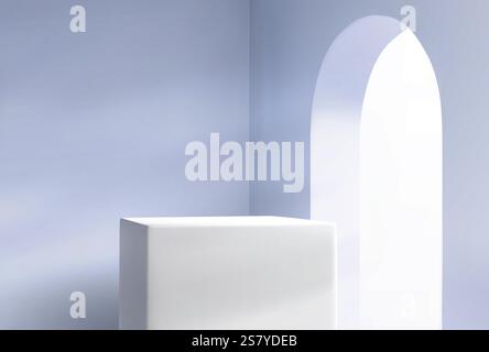 Minimalist podium setup with rectangular display platform in soft blue interior. Curved arch doorway - elegant architectural element. Geometric shapes in exhibition environment for product showcase. Stock Vector