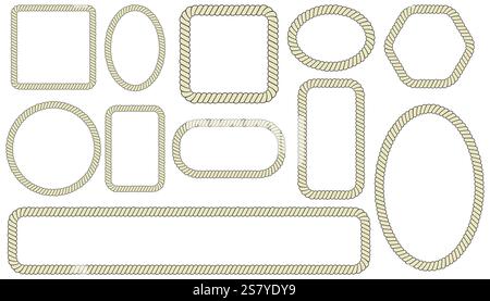 Big set of braided rope frames. Collection of borders in the shape of square, circle and hexagon. Stock Vector