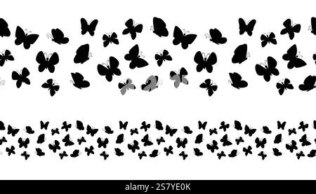 Cute black silhouette of spring or summer butterflies seamless border isolated on white background. Summer flying insects design element. Stock Vector