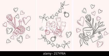 Hand drawn Valentines Day vector card illustration with tulips, hearts, champagne glasses, gift boxes, and romantic elements. Black and red. Sketch st Stock Vector