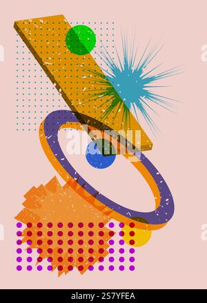 Colorful geometric shapes. Object in trendy riso graph design. Geometry elements abstract risograph print texture style. Stock Vector