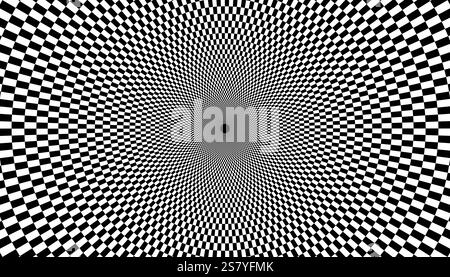 Optical checkered spiral illusion background. Magic psychedelic pattern, swirl illusions and hypnotic abstract card. Stock Vector
