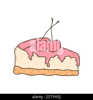 Appetizing cheesecake with pink glaze and sweet cherries on top. Vector illustration in cartoon style on white background. Tasty, cute dessert and swe Stock Vector