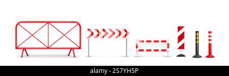 Road barriers and fences set - metal crossbar structure, directional arrow board, striped traffic barricade, reflective warning post, black bollard and red safety column. Construction site equipment. Stock Vector
