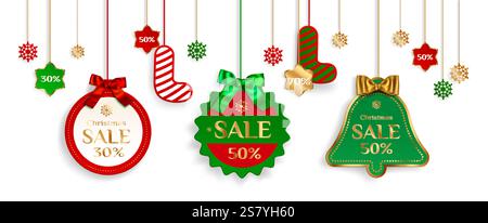 Xmas sale tags with seasonal discounts - red ball, green star, bell shaped label decorated by bows, snowflakes ornaments. Christmas holiday shopping promotion design elements on white background. Stock Vector