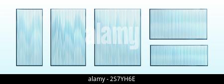 Ribbed glass windows set isolated on white. Vector realistic illustration of 3d rectangular plastic surface with vertical stripes, blurry wall, corrugated acrylic sheet, elegant interior element Stock Vector