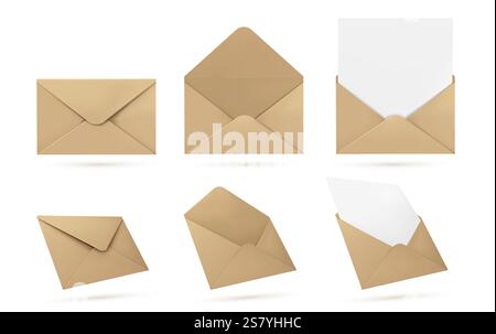 Realistic kraft paper envelope set in different positions and states - closed, opened, containing white blank paper sheet or card. Postal mailing collection in various angles for commercial mockup. Stock Vector