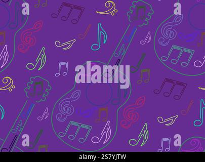 Stylish colorful line art guitar with musical notes seamless pattern. Design  music related projects, posters, and prints, textile design, the combina Stock Vector