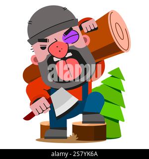 Vector pop art illustration of a brutal bearded man, macho with blood stained ax, bloody streaks and stains on hands holds the head of a dead zombie Stock Vector