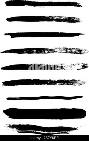 Set of textured grunge black brush strokes. The black brush strokes create a dynamic and bold visual impact, ideal for backgrounds, artistic compositi Stock Vector