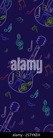 Stylish colorful line art guitar with musical notes seamless pattern. Design  music related projects, posters, and prints, textile design, the combina Stock Vector