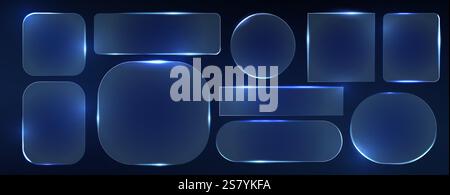 Neon glass frame collection with luminescent geometric elements - blue translucent shapes with radiant borders on dark backdrop. Various rectangle, circle and rounded designs with glowing edges. Stock Vector