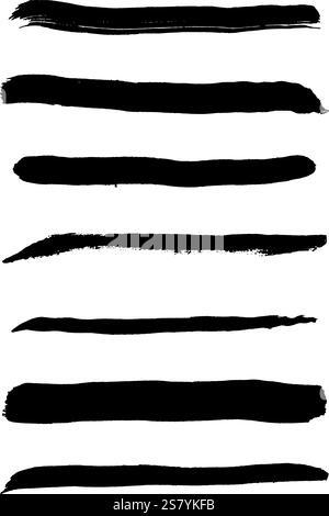 Set of textured grunge black brush strokes. The black brush strokes create a dynamic and bold visual impact, ideal for backgrounds, artistic compositi Stock Vector