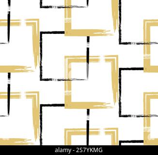 Seamless pattern created with brush strokes in a grunge style. Repeating gold, black and white color square grunge shapes. Perfect for textile design, Stock Vector