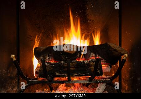 Logs of wood burning in the fireplace. Stock Photo