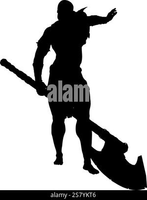 Detailed silhouette of a primitive male warrior wielding a massive axe. Perfect for fantasy designs, battle scenes, and character representations, cap Stock Vector