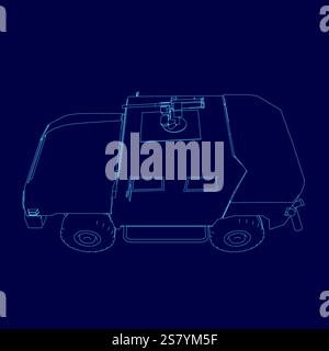 Blue drawing of a vehicle with a gun on top. The vehicle is a military truck. Scene is serious and intense Stock Vector